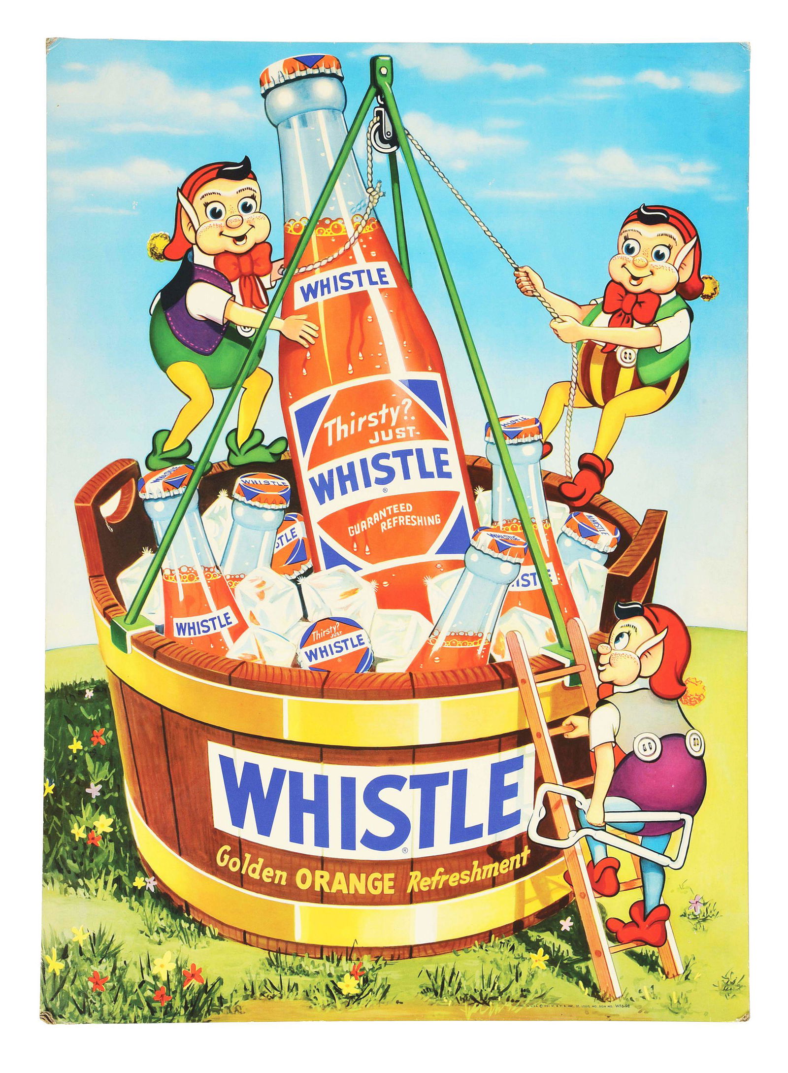 WHISTLE SODA CARDBOARD SIGN WITH ELVES. (1 of 2)