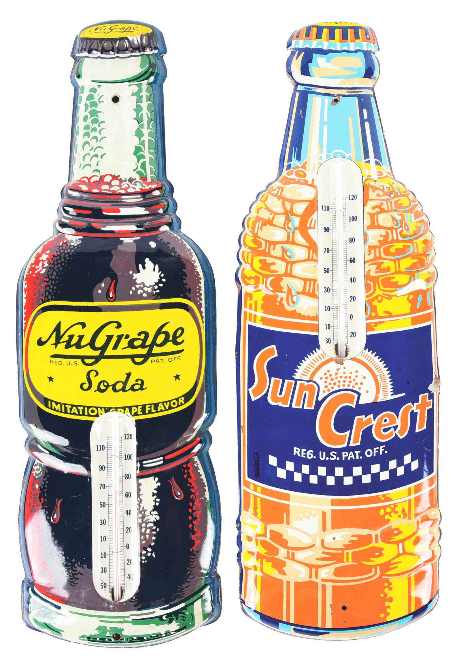 LOT OF 2: SOFT DRINK THERMOMETERS.: This is a lot of two soft drink thermometers. The first is a die-cut Sun Crest embossed thermometer with a replaced thermometer tube. It shows very little signs of wear other along than the bottom edg