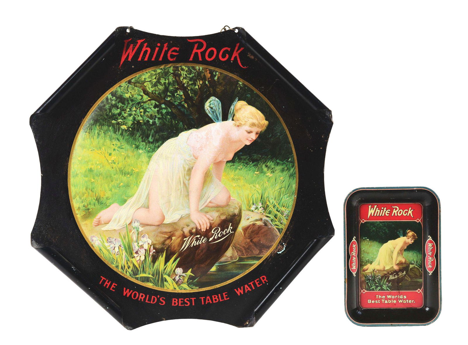 LOT OF 2: WHITE ROCK SIGN AND TRAY.: This is a lot of two early versions of White Rock advertising, a curled edge sign and a tip tray. Both pieces show evidence of crazing and the tip tray has clear coating. The sign has multiple areas o