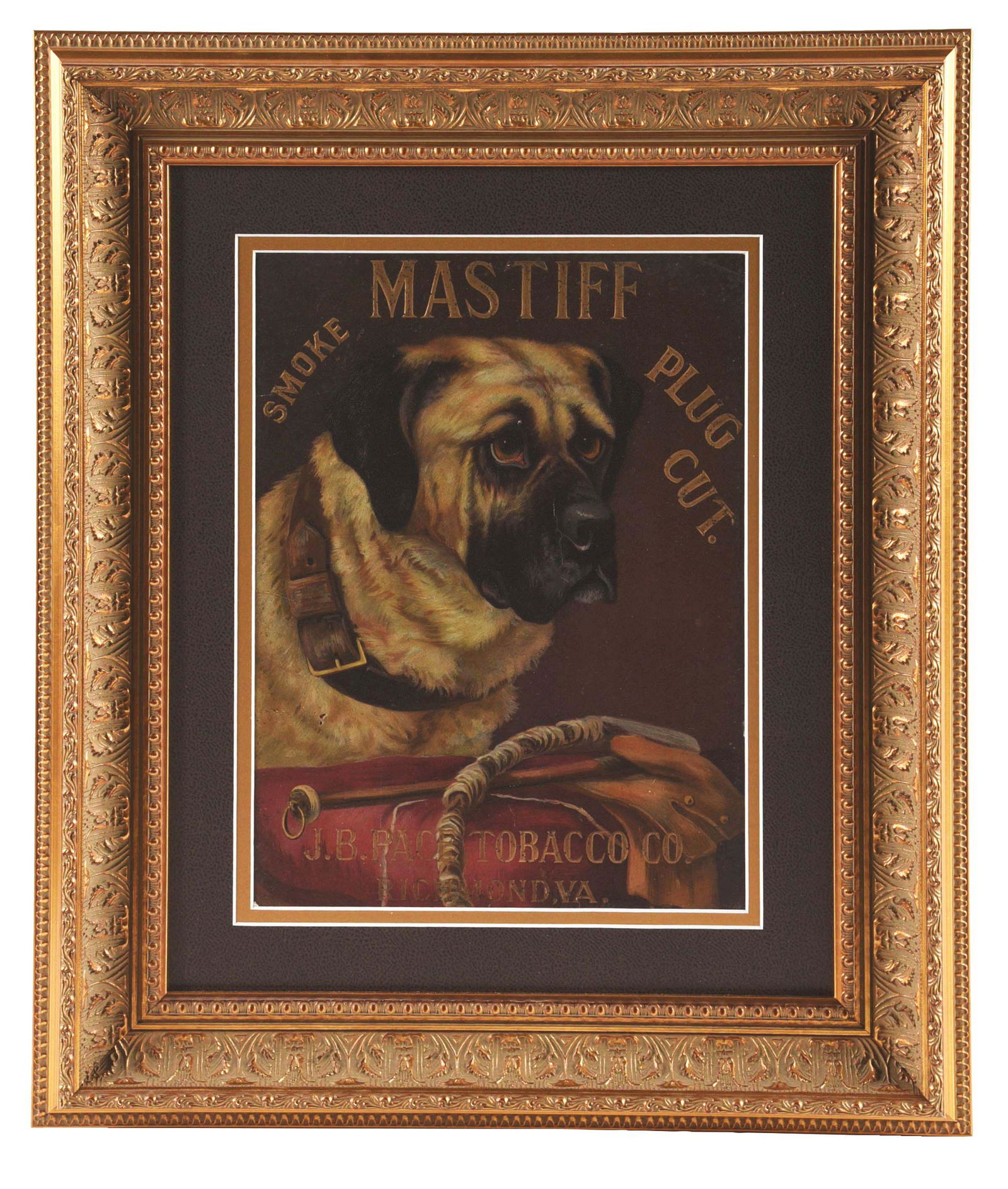 FRAMED PAPER ADVERTISING FOR MASTIFF PLUG CUT TOBACCO. (1 of 2)