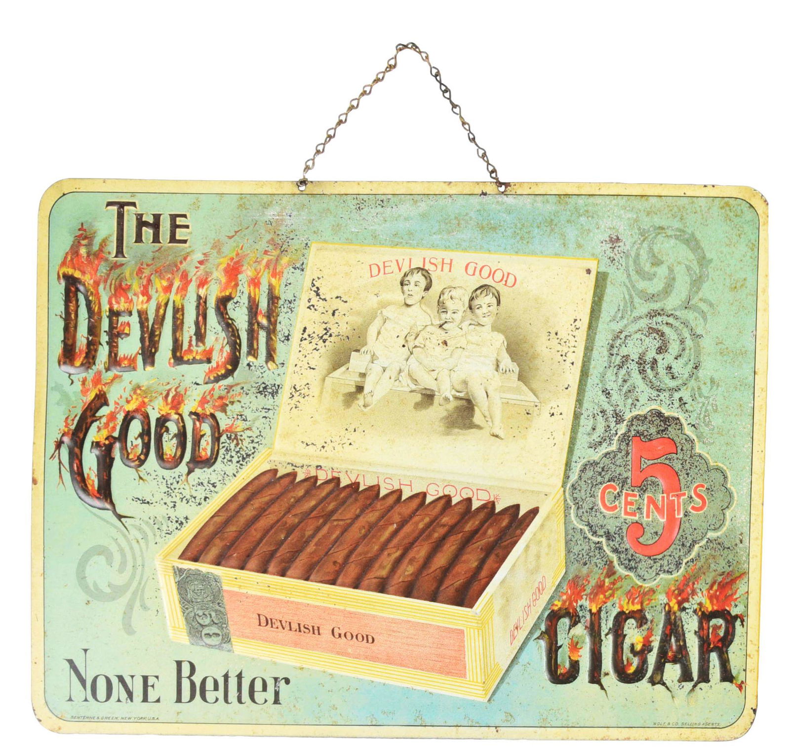 EMBOSSED TIN DEVLISH CIGAR SIGN.