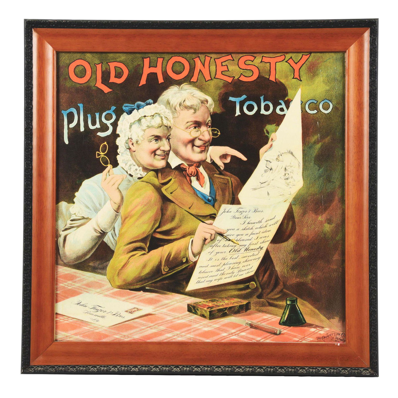 FRAMED PAPER ADVERTISING FOR OLD HONESTY TOBACCO. (1 of 2)
