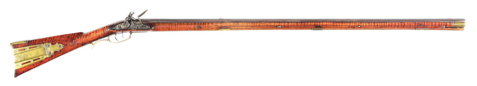 (A) CARVED FLINTLOCK KENTUCKY RIFLE SIGNED C. GUMPH.: For another example with a similar patchbox, see rifle no. 32 on pages 60 and 61 of "The Lancaster Long Rifle" by Patrick Hornberger and John Kolar. Christian Gumph worked as a gunsmith in the borough