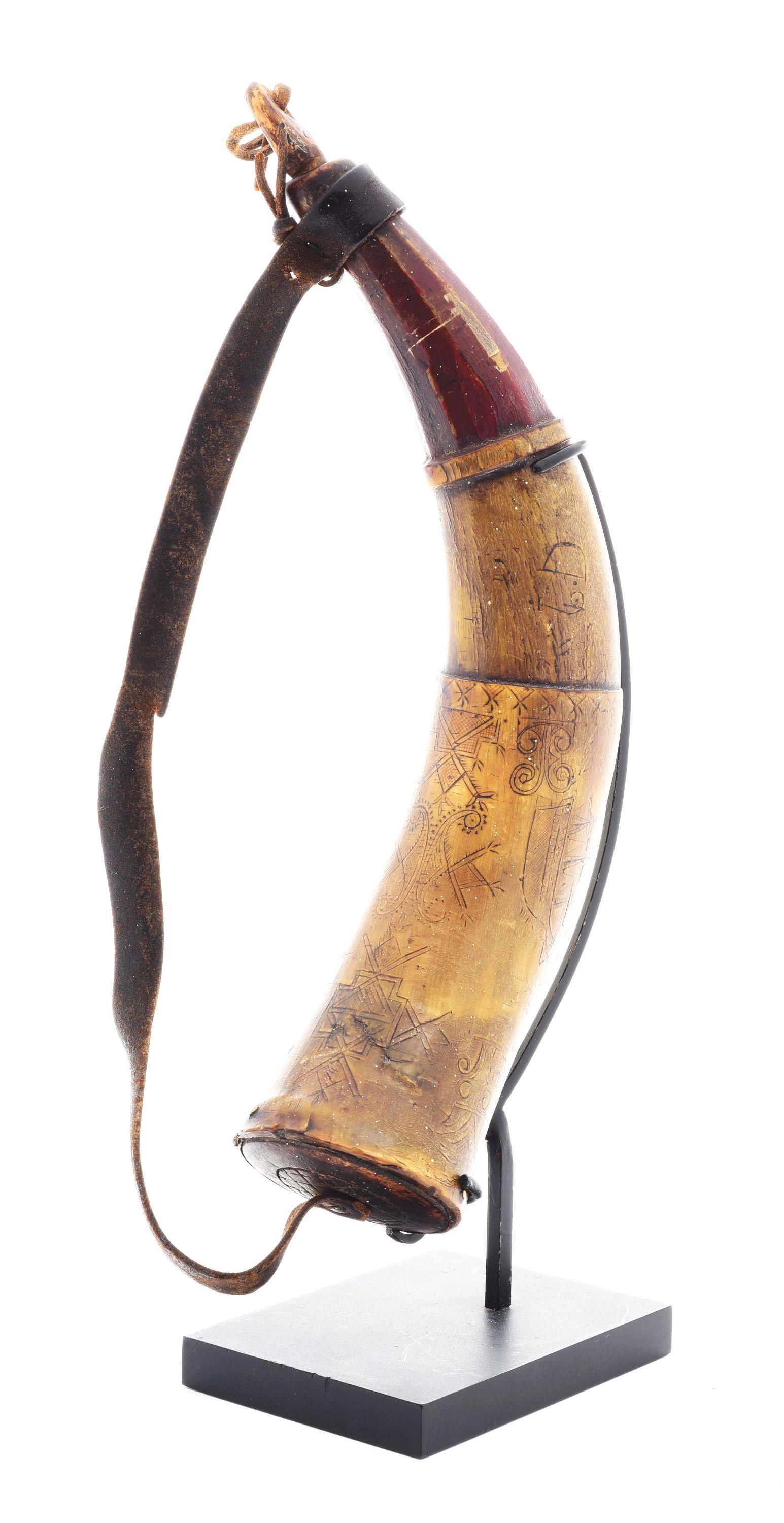 ENGRAVED PENOBSCOT INDIAN POWDER HORN WITH STAND.: For a similar example of a Penobscot Horn, see pages 212 - 213 of "The Engraved Powder Horn" by Jim Dresslar. Granscay also shows a similar horn on plate 6. The Penobscot Indian's name originally refe