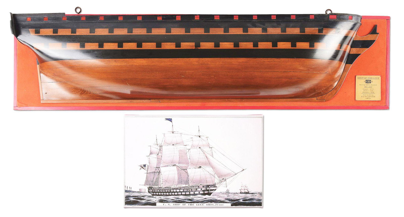 HALF HULL MODEL OF THE USS OHIO (1820).: A handsome half model of the 102-gun, ship-of-the line USS Ohio, the original of which was laid down in 1817 to a design of Henry Eckford and launched in 1820. She spent most of her early years in ord