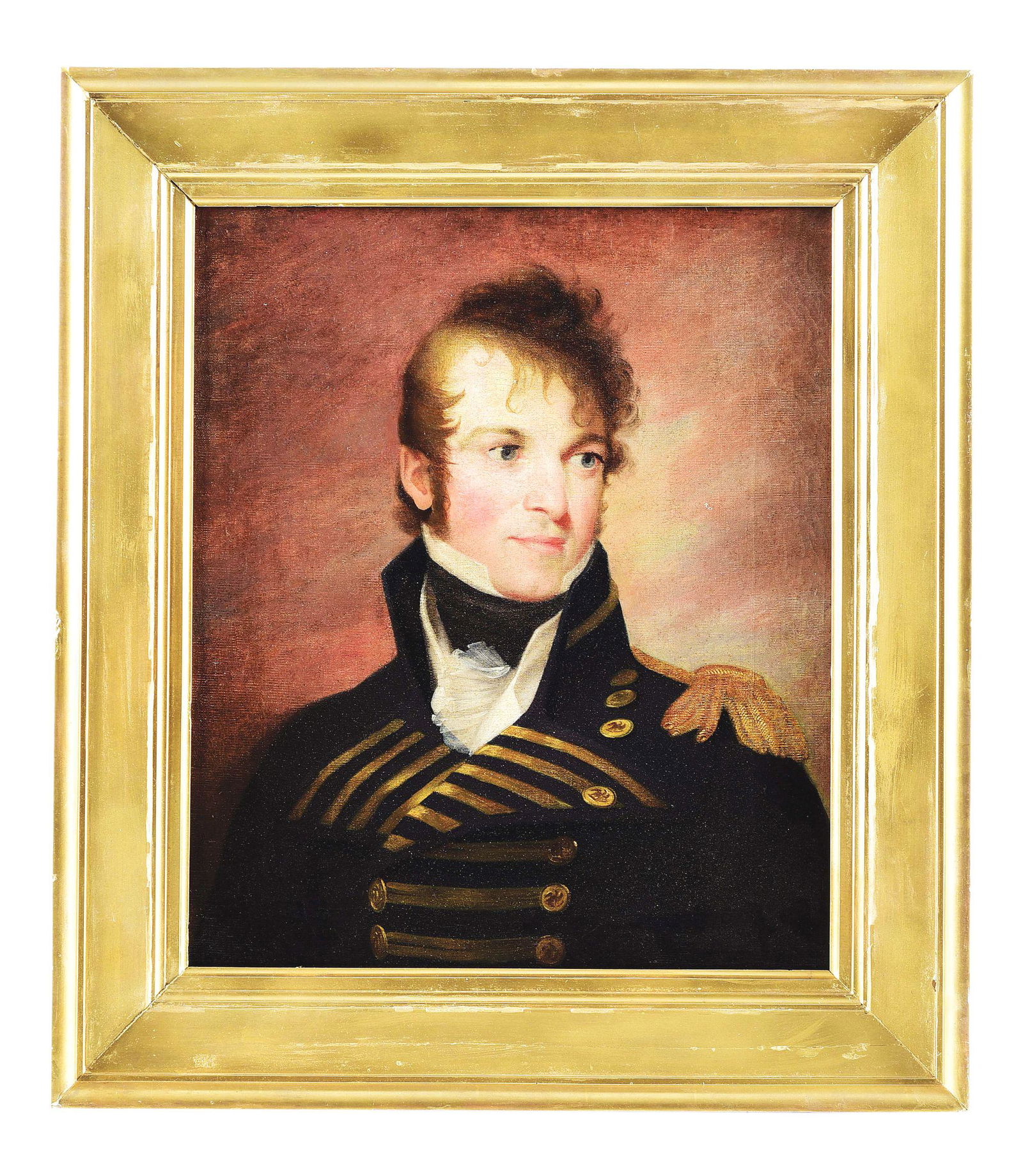 REDISCOVERED THOMAS SULLY PORTRAIT OF LIEUTENANT JAMES: Thomas Sully (American, 1783-1872). Â“Portrait of Lieutenant James Gibbon, United States Navy, c. 1806." Oil on canvas, 24 7/8 x 20 5/8 inches, within carved 19th century frame. Namesake and eldest