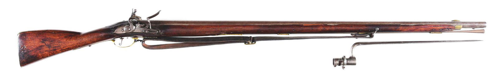 (A) DUTCH FLINTLOCK MUSKET INSCRIBED TO COL. SLYPE.: The 41 - 3/4" tapered round .72 caliber smoothbore iron barrel features a large brass sight on top and an iron bayonet lug on the bottom towards the muzzle. Barrel is inscribed "N123" to the right of