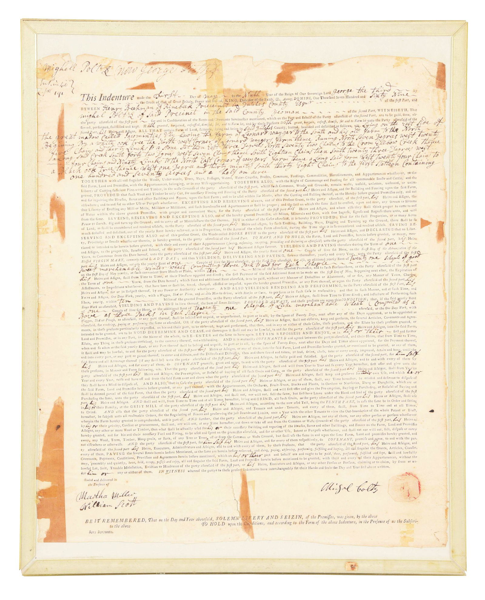 LAND BARON HENRY BEEKMAN OF NEW YORK LEASES A RHINEBECK: Michael Poltz, document signed, one folio sheet (17-7/8" x 14-7/8"), partially printed; framed. In this partially printed and sealed indenture, dated 1 May 1769 and witnessed by Martha Miller and Will