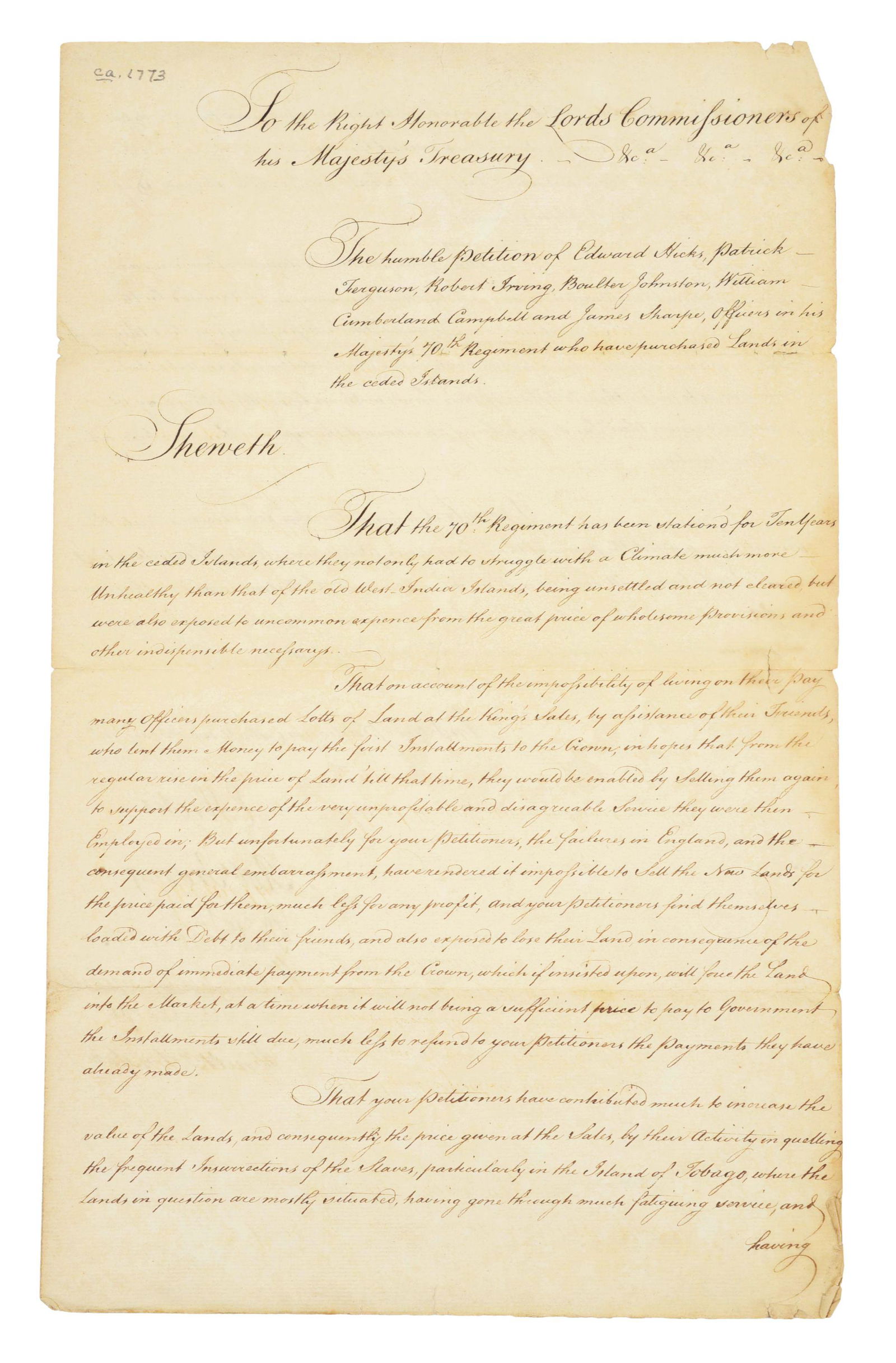 1773 SLAVE INSURRECTION DOCUMENT BEARING RARE SIGNATURE: [Patrick Ferguson and Officers of the 70th Foot]. "The humble Petition of Edward Hicks, Patrick Ferguson, Robert Irving, Boulter Johnston, William Cumberland Campbell and James Sharpe, Officers in his