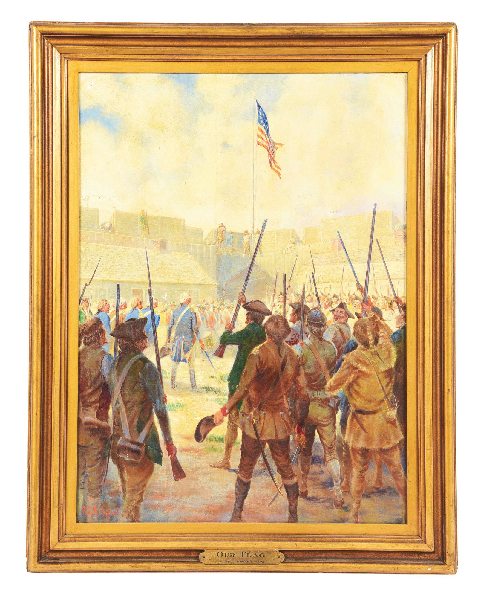 OUR FLAG: FIRST UNDER FIRE--THE STARS & STRIPES AT THE: Lefferts, Charles MacKubin (1873-1923). “Our Flag: First Under Fire". Oil on canvas, 31" x 23", signed by artist "Chas. M. Lefferts" in lower left corner, in contemporary carved and gilded frame wit