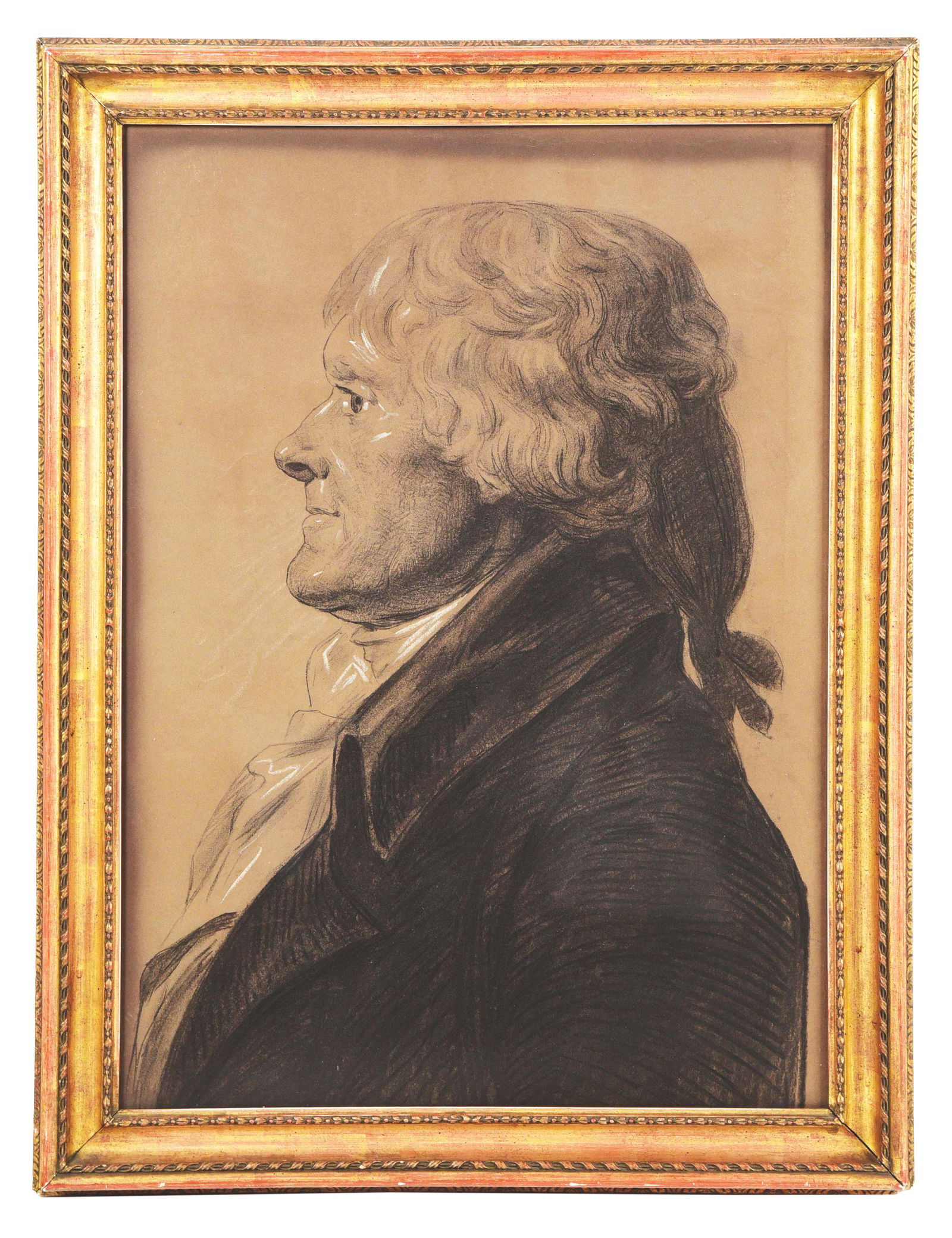 PRESIDENT THOMAS JEFFERSON, 1804 SILHOUETTE PORTRAIT BY: Max Rosenthal after Fevret St. Memin. “President Thomas Jefferson, 1804.” Charcoal heightened with white chalk on toned paper, 22" x 16", within glazed frame. Max Rosenthal (1833-1918) was a Polis