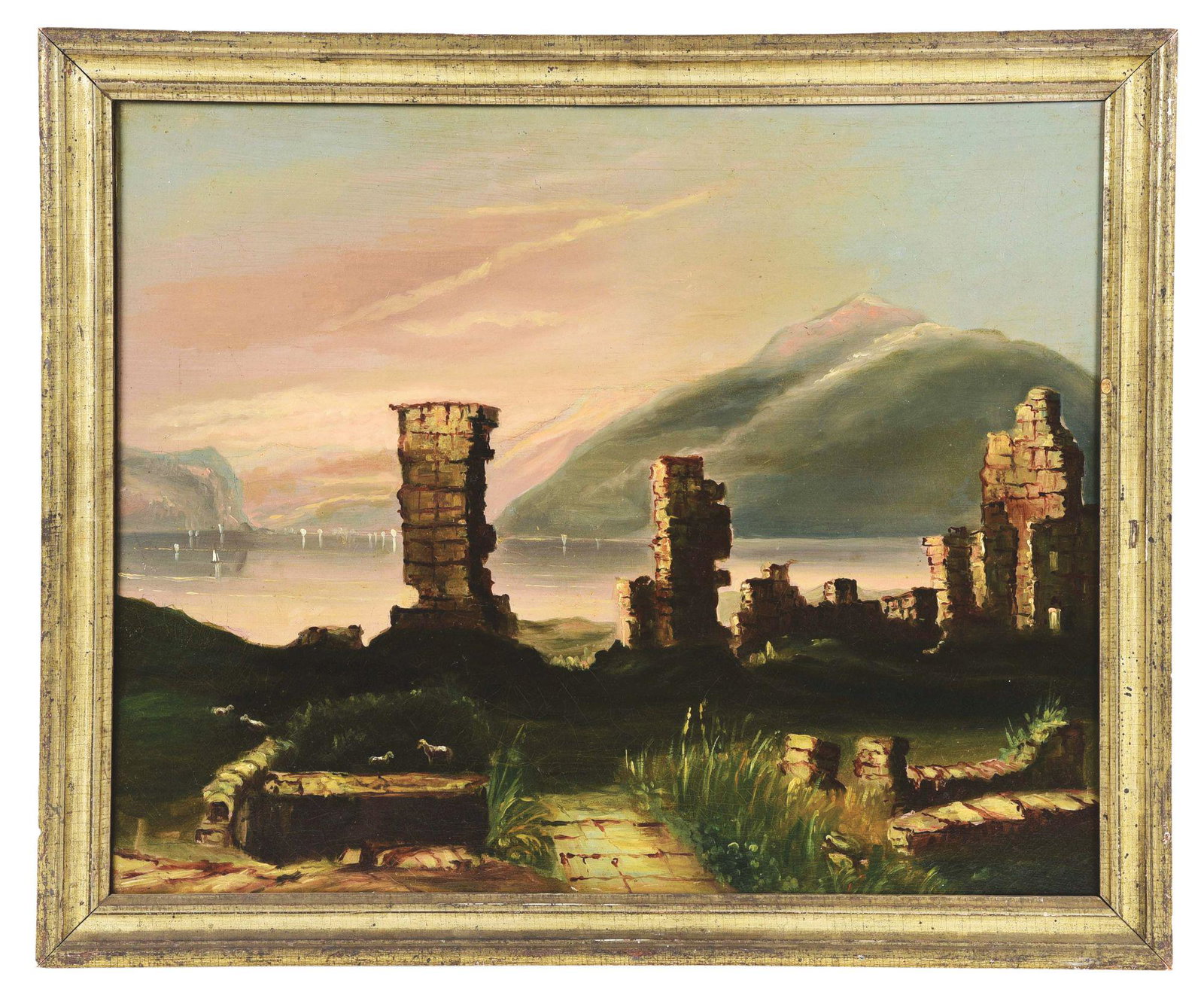 VIEW OF THE RUINS OF FORT TICONDEROGA AFTER BARTLETT: After William H. Bartlett, "View of the Ruins of Fort Ticonderoga", oil on canvas, 22" x 27-1/2", in a late 19th century carved and silver-gilt frame. Anonymous work, date unknown, but almost certainl