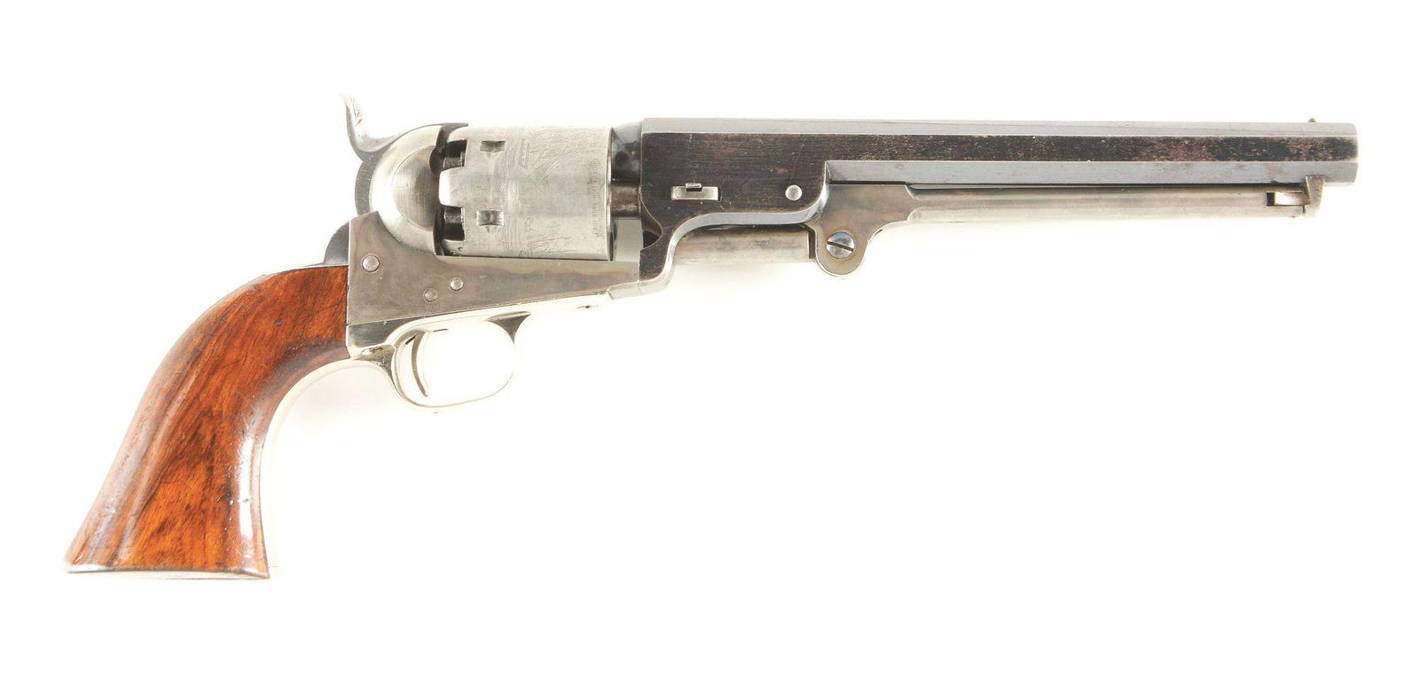 (A) BELGIUM MADE COLT BREVETE MODEL 1851 NAVY REVOLVER.: Very fine Liege Belgium assembled 1851 Colt Navy Brevete revolver. Based upon literature, this revolver was assembled in Belgium using parts manufactured by Colt around 1853. The hammer is Belgium mad