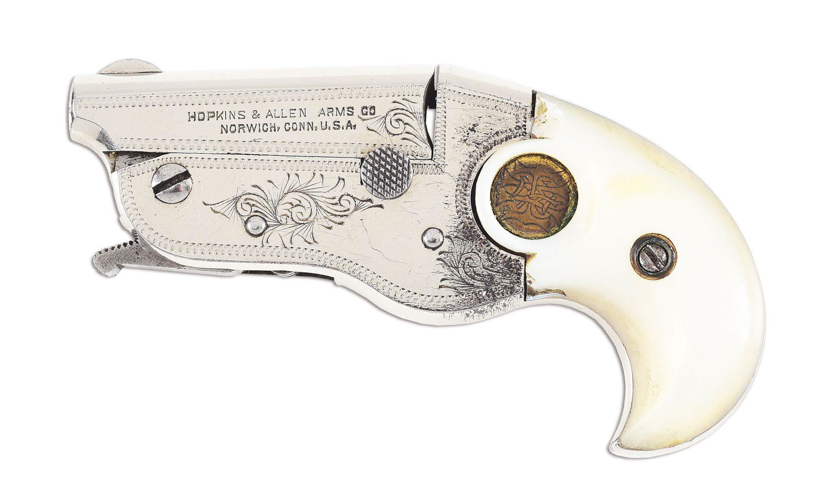 (C) ENGRAVED HOPKINS & ALLEN "PARROT BEAK" SINGLE SHOT: Manufactured between 1911 - 1914. Very rare Hopkins & Allen "NEW MODEL VEST POCKET DERRINGER AKA PARROT BEAK". These guns were chambered for the .22 short. Gun is factory scroll engraved with a lined