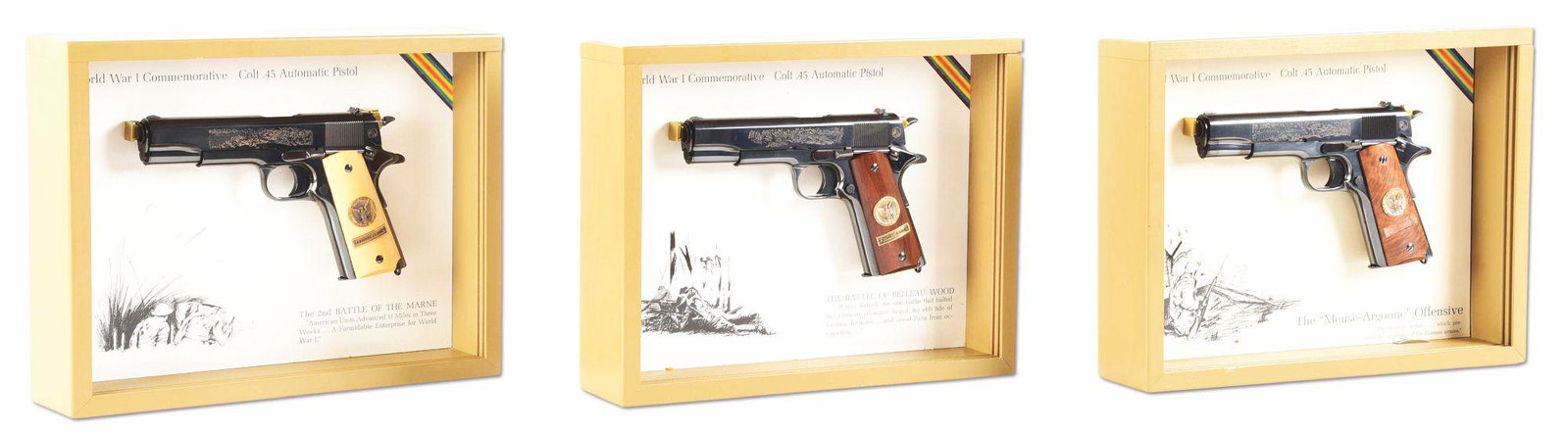 (C) LOT OF 3: CASED COLT WWI COMMEMORATIVE M1911: Lot consists of (A) Second Battle of the Marne commemorative pistol. Standard high polish finish with normal rollmarks. Polished wood grips with inset medallions. Housed in the correct presentation ca