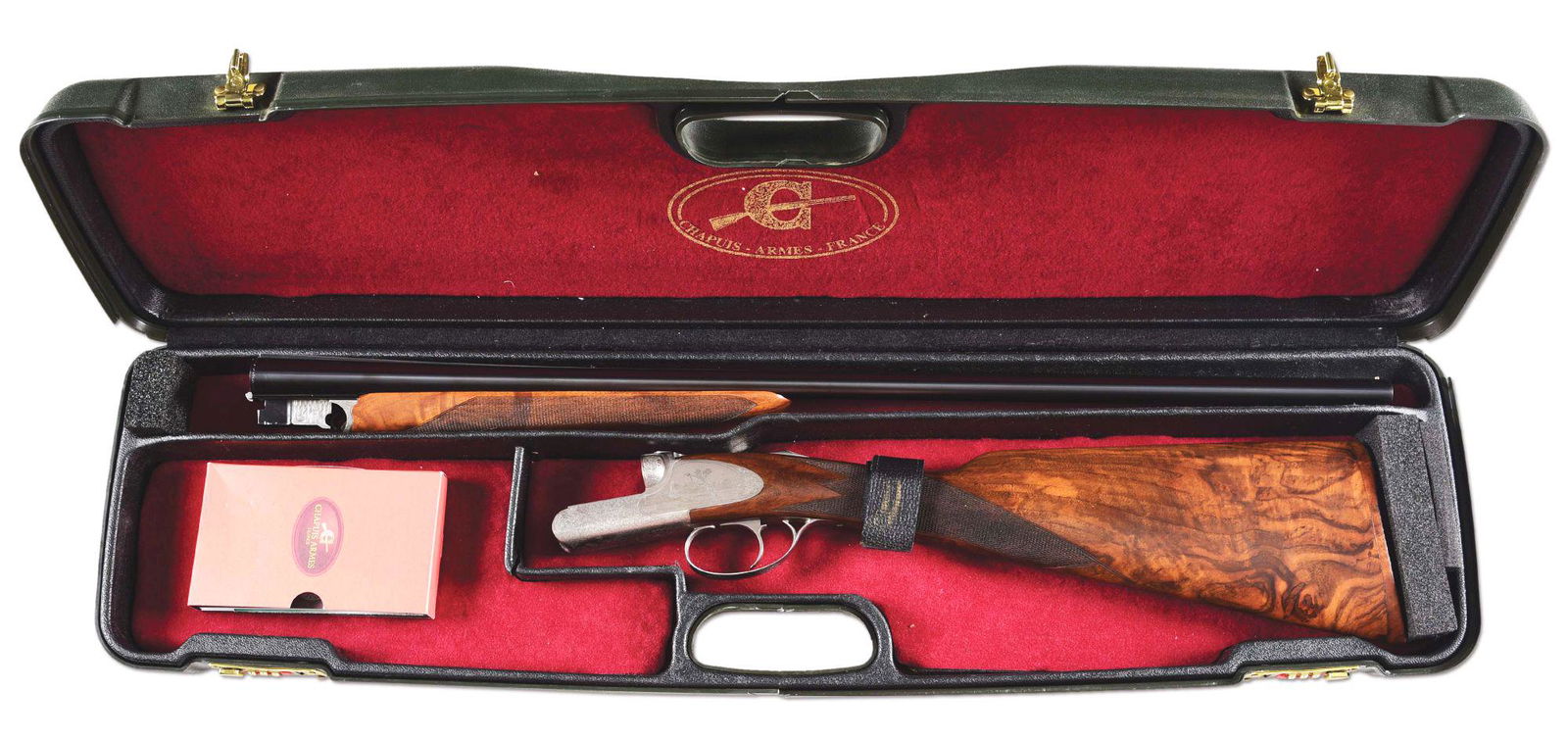 (M) CASED CHAPUIS ARMES PROGRESS 20 BORE SXS SHOTGUN.: A French Classic RP model side by side with 27-1/2" blued steel barrels, 3" chambers, ejectors, tapered game concave rib and round brass front bead sight. Rib reads "PROGRESS - CHAPUIS ARMES - FRANCE"