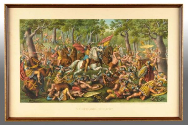 Kurz & Allison "Die Hermann's-Schlacht" Litho.: Description 1888. Framed under glass. Two small edge tears. Historical Condition (Excellent). Size Framed: 24" x 36".