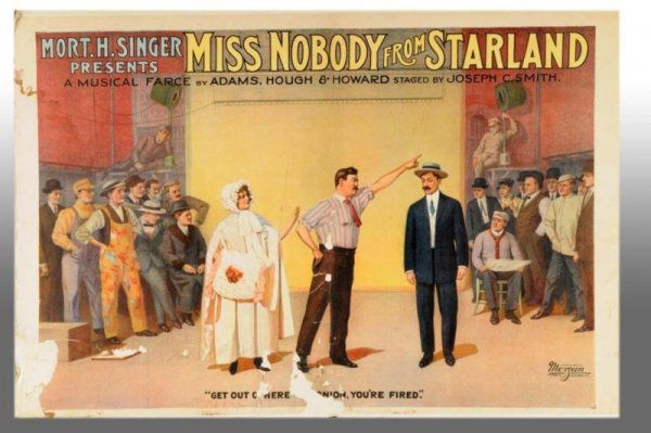 Paper Litho "Miss Nobody" Movie Poster.: Description Circa 1900. Dry mounted on cardboard. Some chips, holes, fold marks and missing paper with general wear. Movie-Play Poster Condition (6.0, Fair - Good). Size 41 - 1/2" x 28".