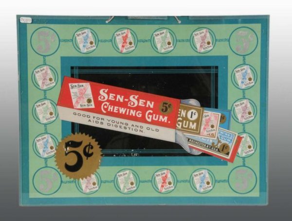 Cardboard 2-Sided Sen-Sen Chewing Gum Sign.: Description Circa 1905. Very rare with great graphics and original string hanger. Minor mildew marks, small spots of soiling and a few minor color nicks. Condition (7.5 - 8.0, Excellent). Size 13" x 1