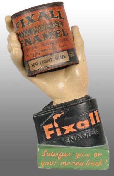 Chalkware Fixall Enamel Paint Countertop Display.: Description 1930s to 1940s. Light soiling with some paint overspray and a good bit of wear on the paper label of display can with minor marks, chips and nicks. Advertising Display Condition (7.5 - 8.0