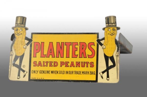 Tin Planters Peanut Mr. Peanut Glass Jar Display.: Description 1930s. Tin display is complete and would hold one glass display jar. Minor wear around edges of front display; however, colors are bright and strong. Advertising Display Condition (Excelle
