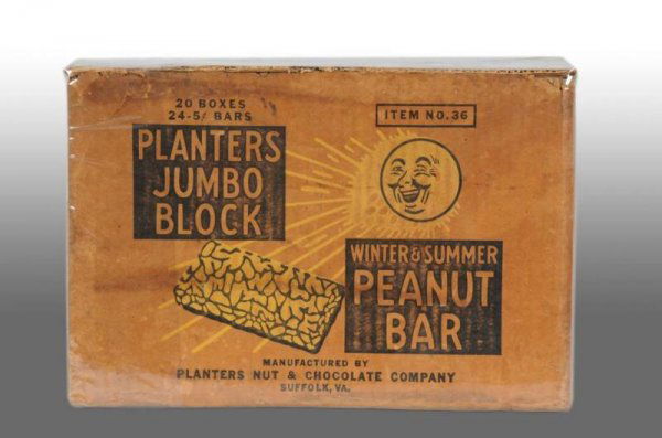 Cardboard Planters Peanut Mr. Peanut Shipping Box.: Description 1930s. Shipping box would have held 20 boxes of Jumbo Block Bar product. Great graphics on box, which pictures a smiling moon. Box is complete with top flaps and some overall wear but no t