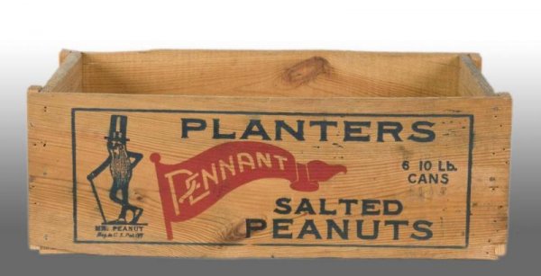 Wooden Planters Peanut Mr. Peanut Shipping Crate.: Description 1930s. Crate was to hold six ten-pound Pennant Brand cans. Crate does not have original lid; however, colors and graphics are strong with minimal wear. Condition (Excellent). Size 29" x 10