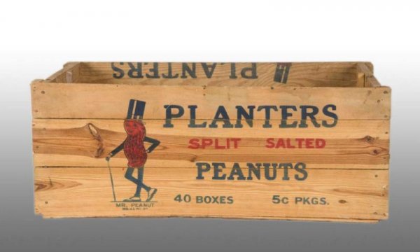 Wooden Planter's Peanut Shipping Box.: Description 1920s to 1930s. Strong full color front with Mr. Peanut wearing straight-sided hat. Ends of box are printed. Condition (8.5, Excellent). Size 34 - 1/2" x 13" x 18".
