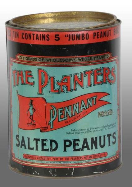 Planters Peanut Mr. Peanut "Jumbo" Tin.: Description Tin originally held ten pounds of Pennant Brand peanuts along with five free Jumbo Block candy bars. Tin is black and blue with strong color, graphics and minor rust. Gold lid is shiny wit