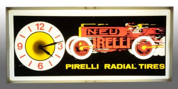 Pirelli Radial Tires Clock Light.: Description Electrified. Plastic cover on metal and plastic backing. Condition (Excellent). Size 25" x 12".