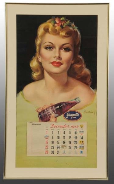 Grapette Calendar.: Description 1947. Rare. Framed under glass. Full pad along with 1946 December cover sheet. Minor mildew, light soiling and minor marks. Displays beautifully. Condition (8.0 - 8.5, Excellent). Size 15"