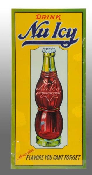 Embossed Tin Nu Icy Sign with Bottle.: Description 1930s to 1940s. Great condition and color with only miniscule marks and edge wear. Condition (9.5+, Near Mint). Size 9" x 20".