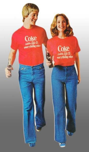 Cardboard "Coke Adds Life" Die-Cut Couple.: Description 1970s. Part of back easel is missing with only minor wear, light surface marks and minor soiling. Condition (8.5+, Excellent). Size 11" x 21".