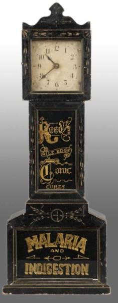 Miniature Reed's Tonic Advertising Clock.: Description 3 - 1/2" dial. Circa 1885. The original advertisement is reverse painted on glass. The later models of this clock had the advertising printed on cardboard and placed inside the clock. Tota