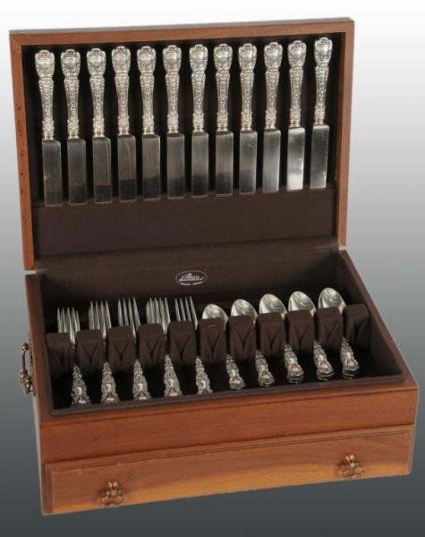 Gorham Imperial Chrysanthemum Pattern Sterling Se: Description Set includes 12 knives, 12 forks and 12 spoons. All pieces are marked "Sterling" with old Gorham Hallmarks and "Patent 94". Monograms are very heavy. Set comes in a nice wooden case. Sterl
