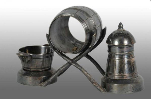 Barrel Napkin Ring Combination Set.: Description Barrel napkin holder has bucket open salt with pepper shaker supported by branches. No manufacturer's name or number with some silver loss to piece. Condition (Very Good).
