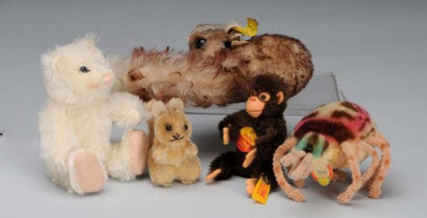 Lot of Small Mohair Steiff Animals.: Description German. Includes Steiff white bear with black eyes, pink nose and button in ear, Steiff Dormy #1512.00 with label, tag and button, Steiff Jacko #0020/11 monkey with label, tag and button,