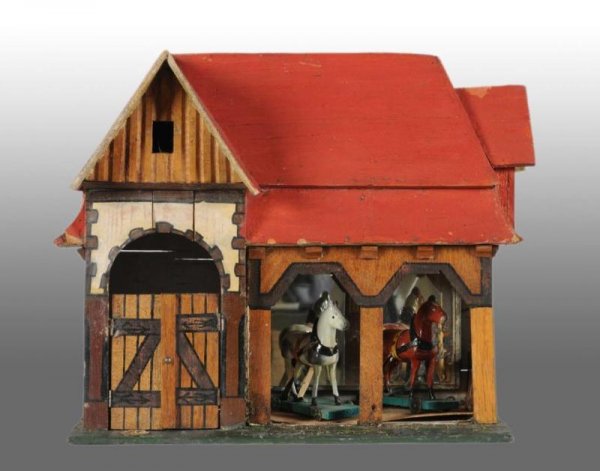Wooden Stable and 2 Horses.: Description German. Circa 1920s. Includes two original stable horses. Two opening wooden doors. Hand-painted red roof and sides. Unusual and early piece with odd shaped roof. Excellent condition. Size