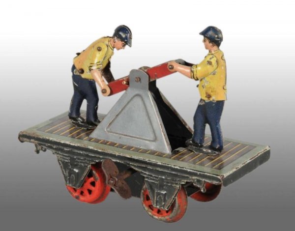 Bing O-Gauge Lithographed Hand Car.: Description Pre-war. Clockwork working. Shows pitting to the lithograph on one side of car. Overall fair to good condition.