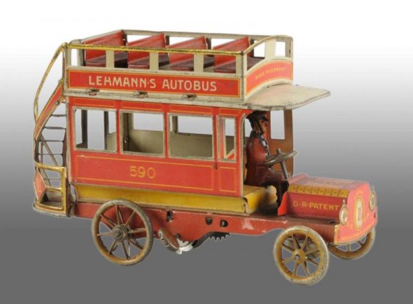 Tin Lehmann Autobus Wind-Up Toy.: Description German. Working. Marked "Lehmann" on both sides. Includes original driver. Moderate overall wear. Condition (Very Good - Excellent). Size 8" L.