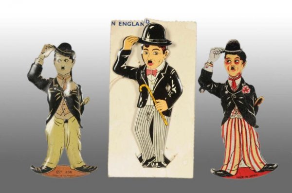 Lot of 3: Assorted Charlie Chaplin Hat Tipper Toy: Description Includes German, pre-war Japanese, and post-war English. 1930s to 1940s. Lithographed tin pull string toys. Collection of Carl Lobel. Condition (Excellent).