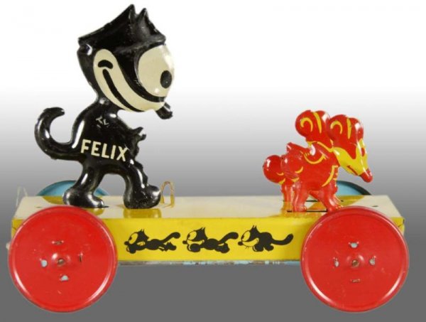 Felix The Cat Platform Toy.: Description American. Tin. Pull toy. Copyright by Pat Sullivan. Nifty trademark. Made by Chein. Felix goes up and down. Back wheels rotate. Some scratching and factory repaint on the figure. Scratchin