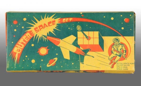 Archer Outer Space Play Set.: Description American. Made by Archer Plastics in New York. Extremely scarce. Beautiful lithographed graphics of a spaceman holding a rifle and missiles in outer space on all sides of box. Includes lit