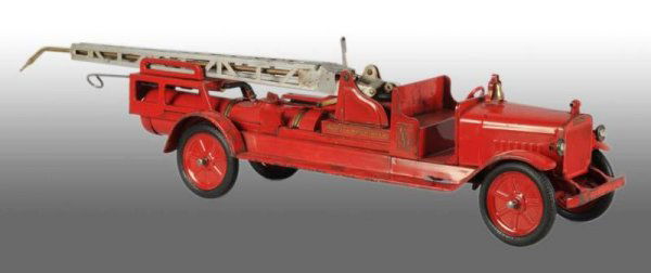Pressed Steel Buddy L Hydraulic Water Tower Toy.: Description Circa 1933 to 1934. Working. Nickel water tower, electric headlights, brass bell on hood and embossed Firestone wheels. Single front bumper is missing its original pull handle and rider se