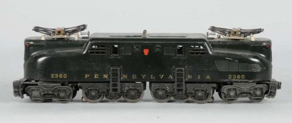 Lionel No. 2360 O-Gauge Engine.: Description Post-war. Five-stripe dual-motored GG1 locomotive. Stripes are faded with considerable chips and scratches to cab. Overall fair to good condition. Post-war Train