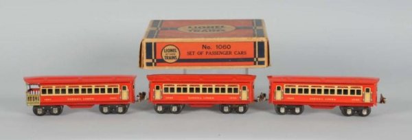 Lionel No. 1060 O-Gauge Gift Pack.: Description Pre-war. Includes three lithographed 1691 and two 1690 passenger cars, all in red with yellow trim. Incredibly rare set of cars pictured in Lionel's late pre-war catalogs. Very few exist.