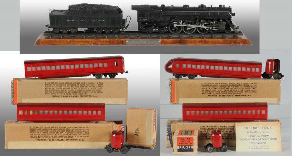 Lionel No. 700E O-Gauge Rail Chief Passenger Set.: Description Pre-war. Includes original display board, original instruction sheet for 700E, and four original boxes for rail chief passenger cars. Set includes 5344 Hudson locomotive and New York Centr