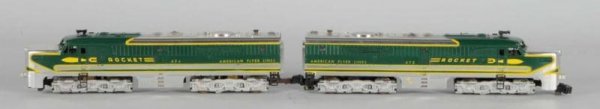 American Flyer S-Gauge Rocket Engines.: Description Circa 1953. Includes original set box. Partial set includes 474 and 475 AA rocket engines in excellent plus condition. Box has some creasing and water staining and is in very good conditio