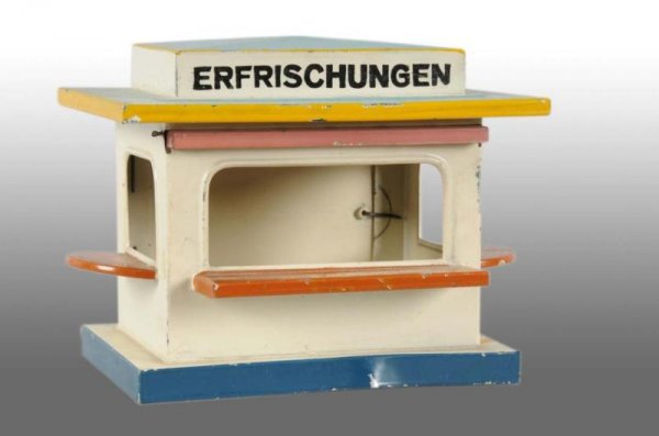 Bing 1-Gauge Refreshment Stand.: Description Hand-painted details in nice, bright, light blue, yellow and white colors. All original in excellent condition. Early Pre-war Train