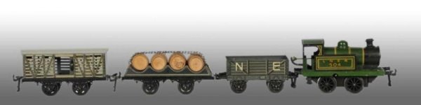 German Bing O-Gauge Freight Train Set.: Description Set is English-style engine 504 marked "LNER" with working clockwork. Also includes barrel car with four original barrels, one stock car with original doors and one gondola marked "LNER 19